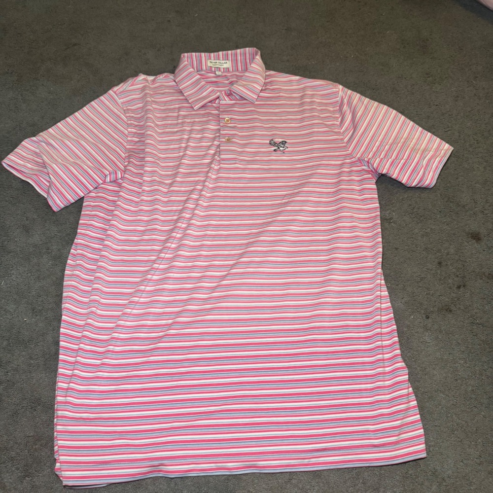 Peter Millar Summer Comfort Striped Polo Shirt Pink Blue Mens Large Eagle Logo